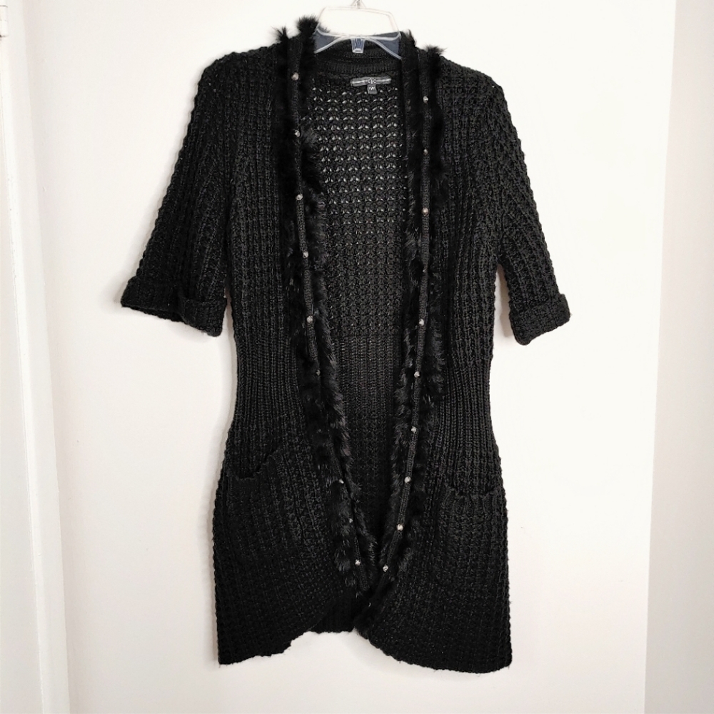 CYC black fur trimmed studded & knitted sweater cardigan. Size M